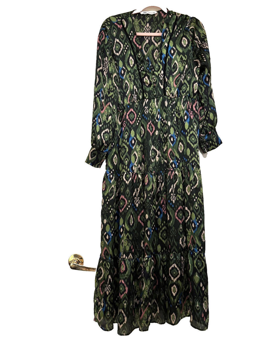 Zara sz XL boho abstract‎ design long sleeve maxi dress V neck green #3298
